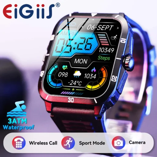 EIGIIS Smart Watch 3ATM Waterproof 1.96″ IPS Screen Military KT71 Men 100+ Sport Mode Heart Rate Blood Pressure Bluetooth Call