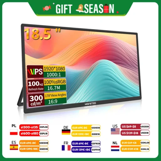 HGFRTEE 18.5inch Portable Monitor 100Hz RGB100% With VESA Hole & Back bracket Laptop Extended Display ADS-IPS HDR Screen